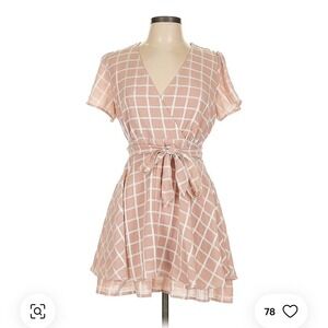 Allison & Kelly Mini Dress Wrap Front Grid Pattern Tie Waist Pink L‎ $310 Retail